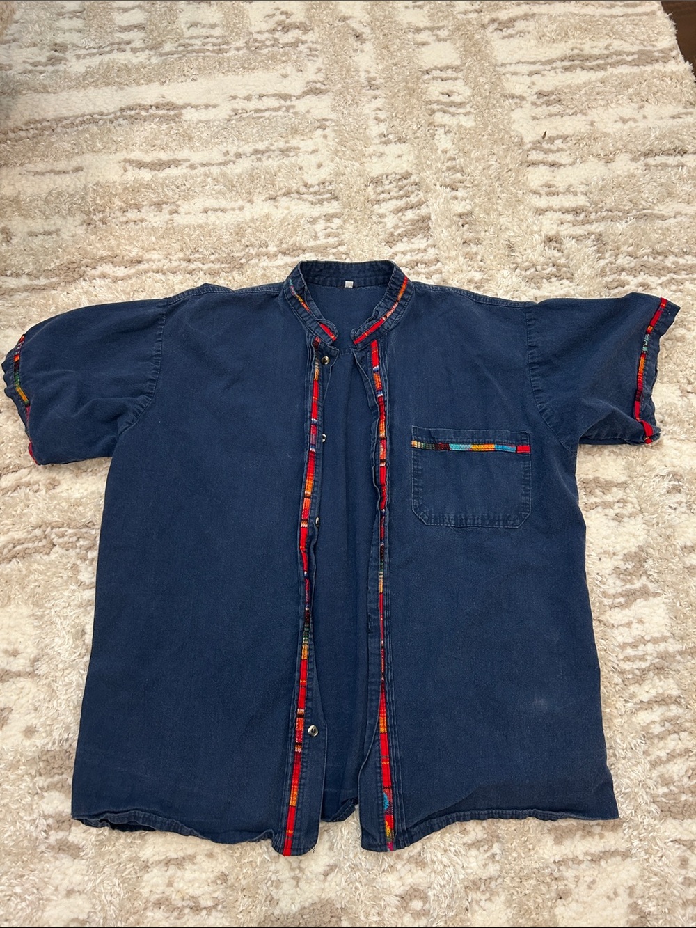 Vintage Denim Short Sleeve Button Up Shirt Rainbow Southwestern Trim